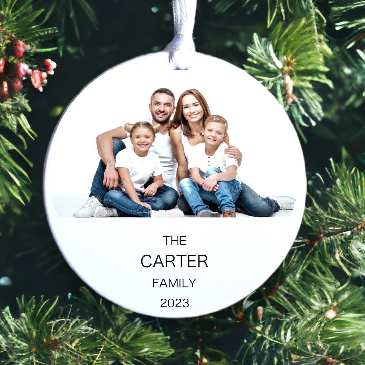 Family photo ceramic bauble with surname