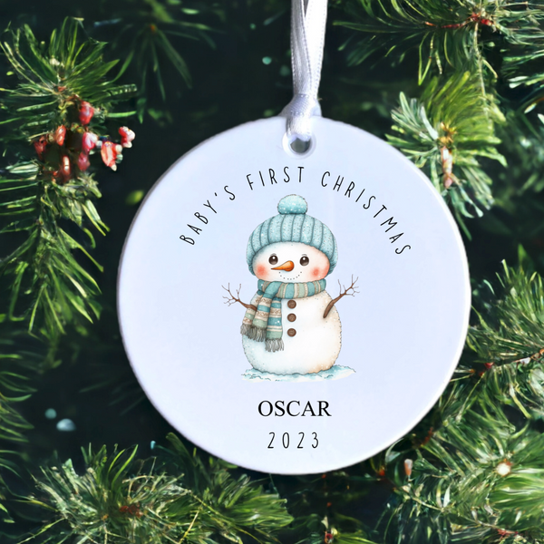 Baby's first Christmas - blue snowman, ceramic bauble