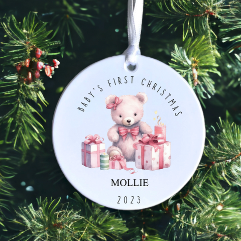 Baby's first Christmas - pink teddy, ceramic bauble