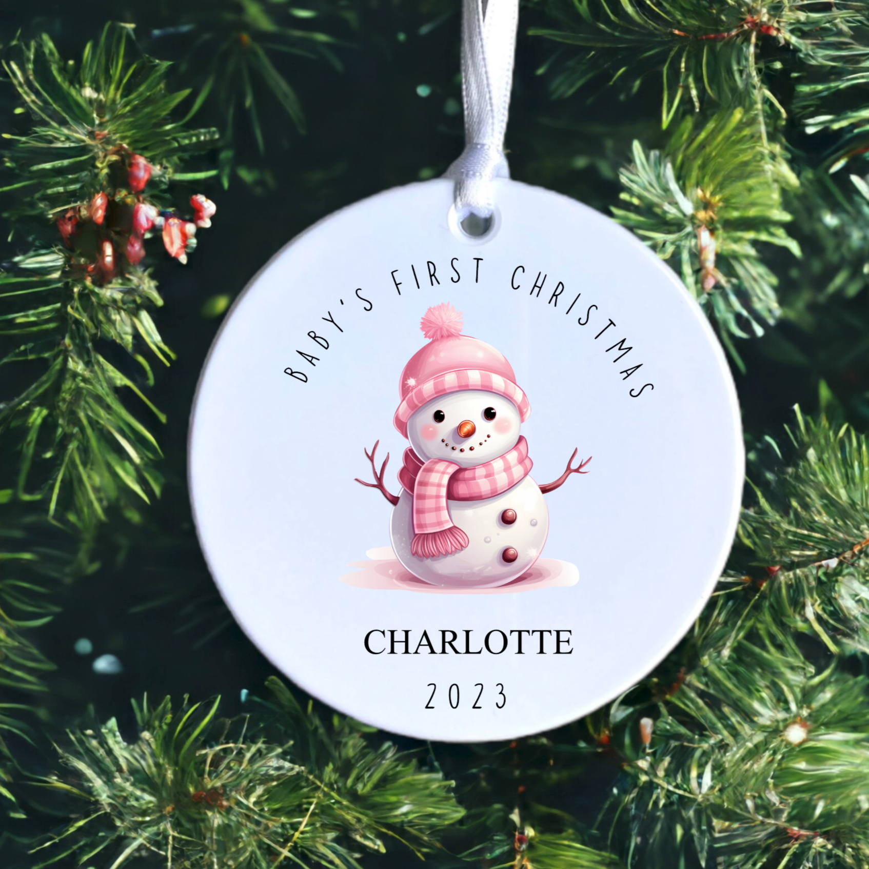 Baby's first Christmas - pink snowman, ceramic bauble