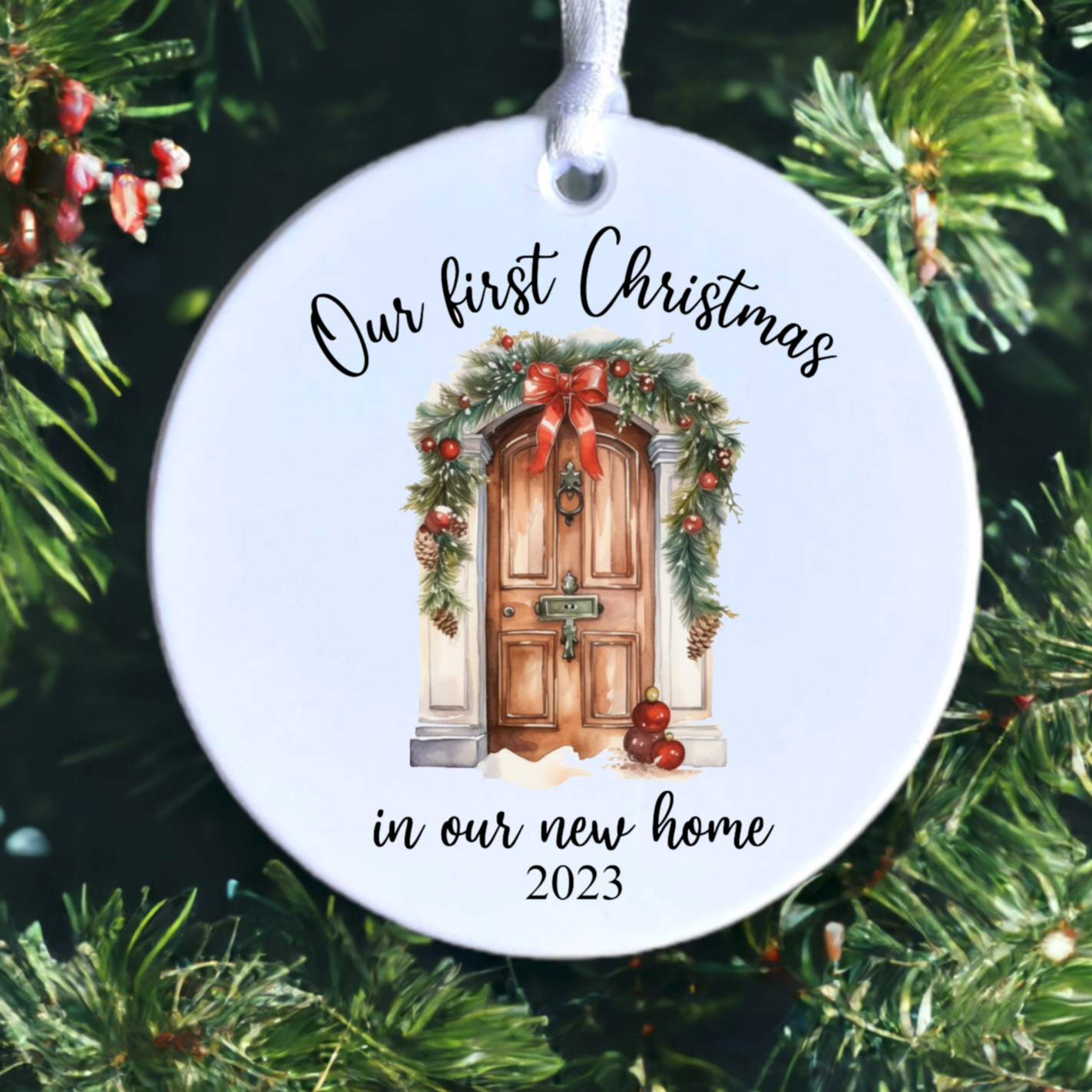 First Christmas in our new home ceramic bauble - brown door