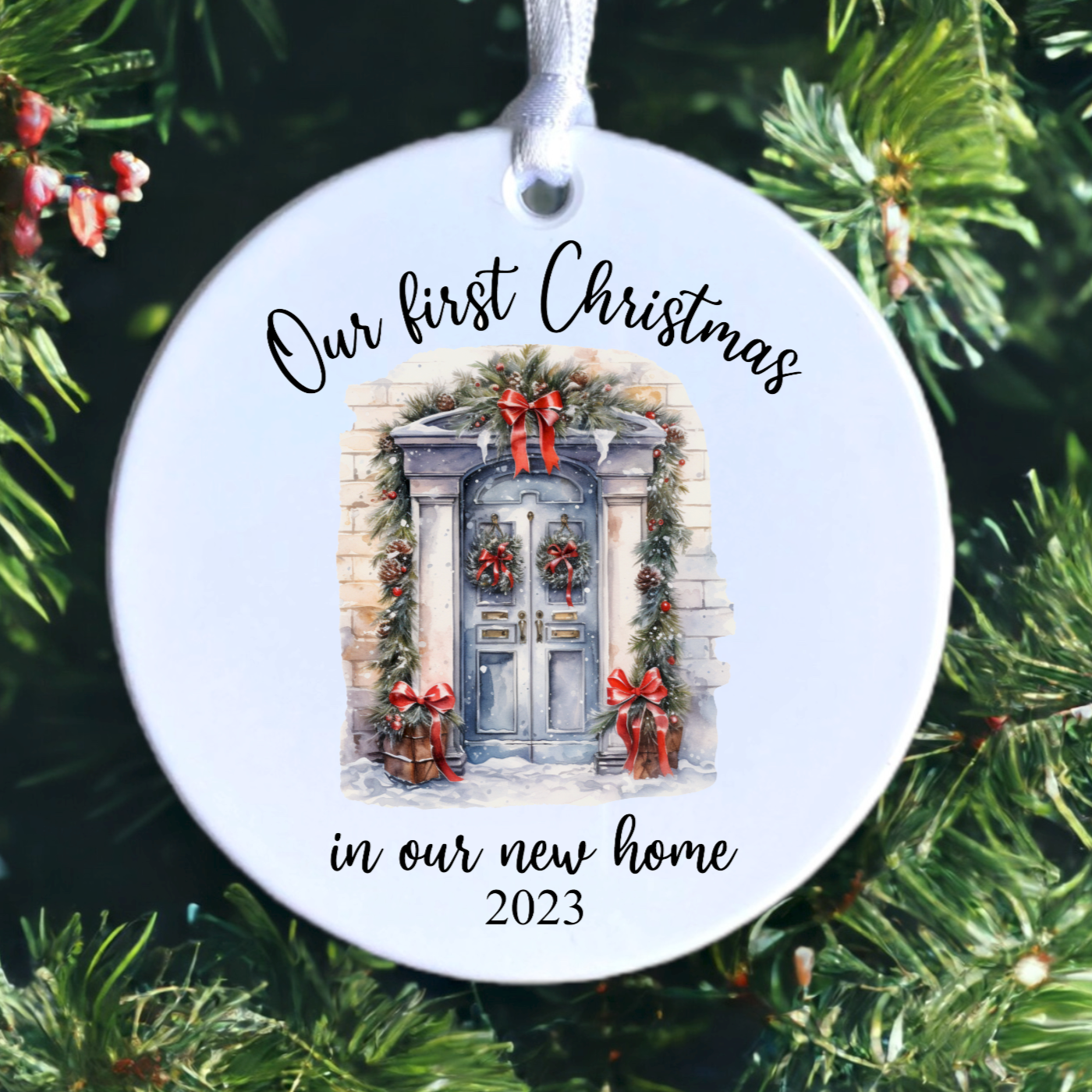 First Christmas in our new home ceramic bauble - grey door