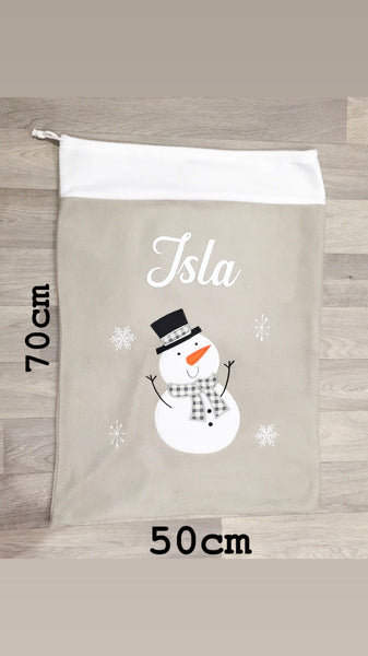 Grey snowman personalised Christmas gift sack