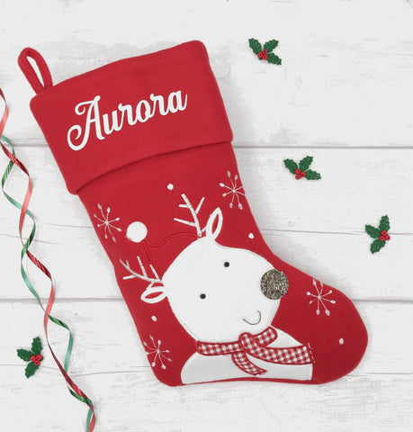 Red personalised reindeer stocking