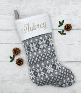 Personalised grey Scandi snowflake Christmas stocking
