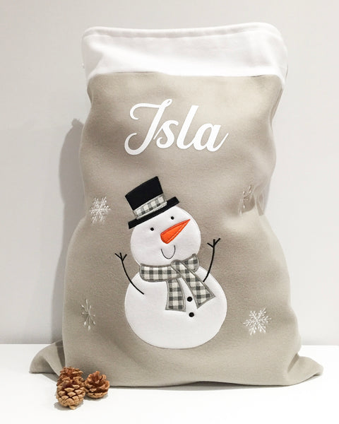 Grey snowman personalised Christmas gift sack