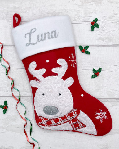 Personalised red reindeer Christmas stocking