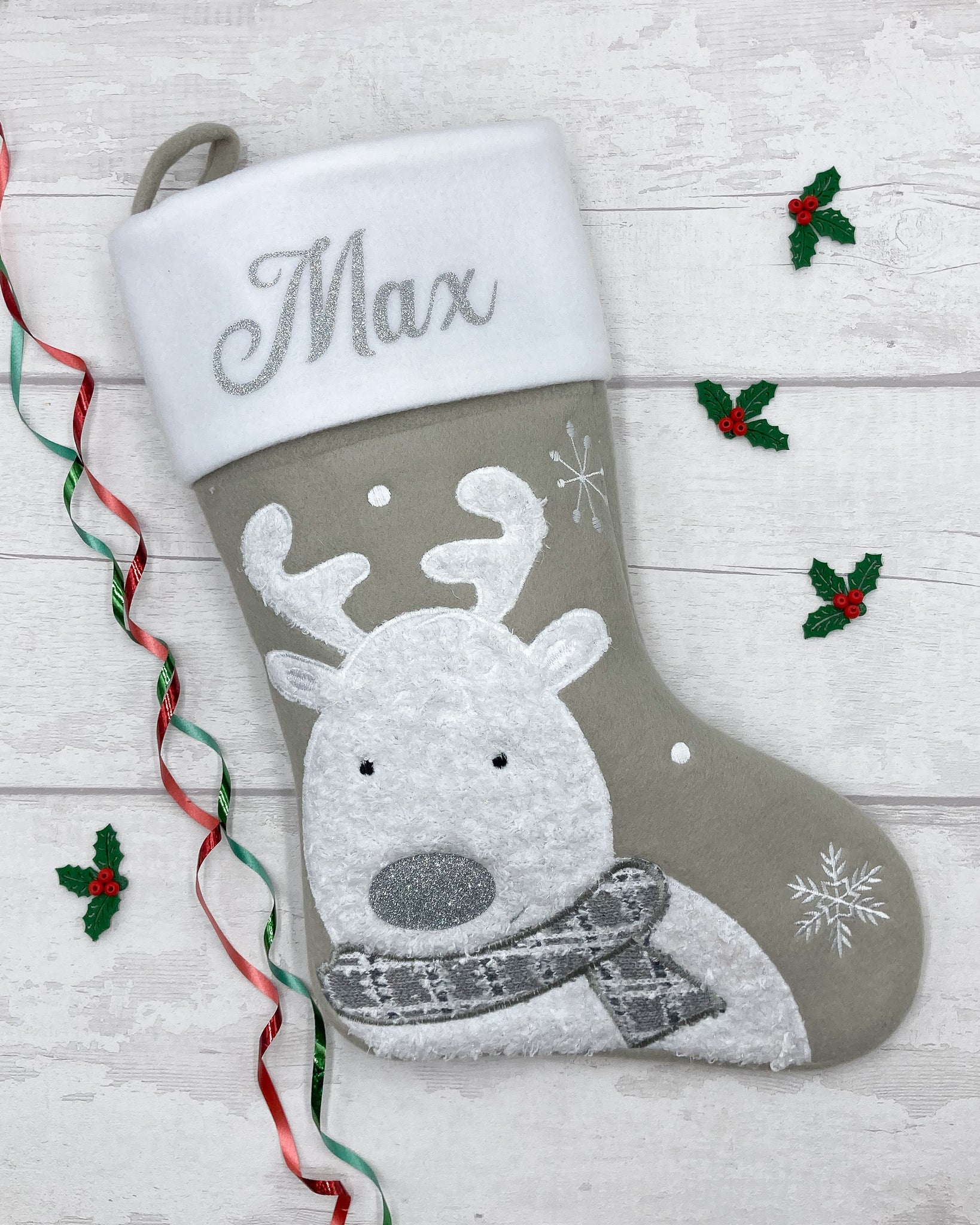Personalised grey reindeer Christmas stocking