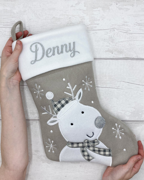 Personalised grey reindeer Christmas stocking