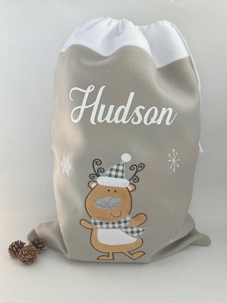 Personalised grey reindeer Christmas gift sack