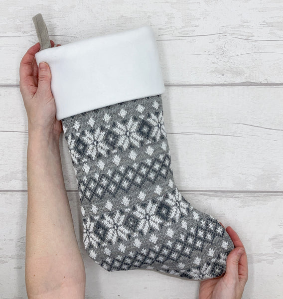 Personalised grey Scandi snowflake Christmas stocking