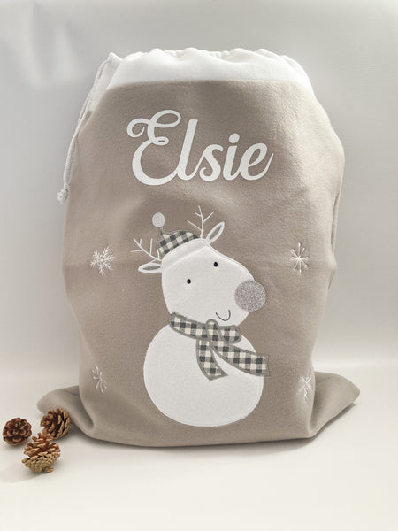 Personalised grey reindeer Christmas gift sack