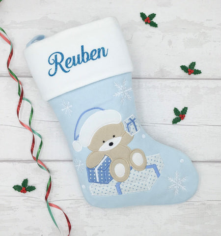 Personalised blue teddy bear Christmas stocking