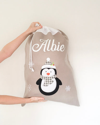 Personalised grey penguin Christmas gift sack