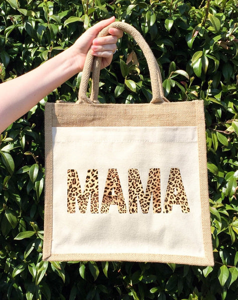 MAMA jute tote bag, leopard print pocket tote bag, gifts for mum, MAMA shopping bag
