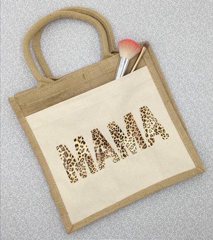 MAMA jute tote bag, leopard print pocket tote bag, gifts for mum, MAMA shopping bag