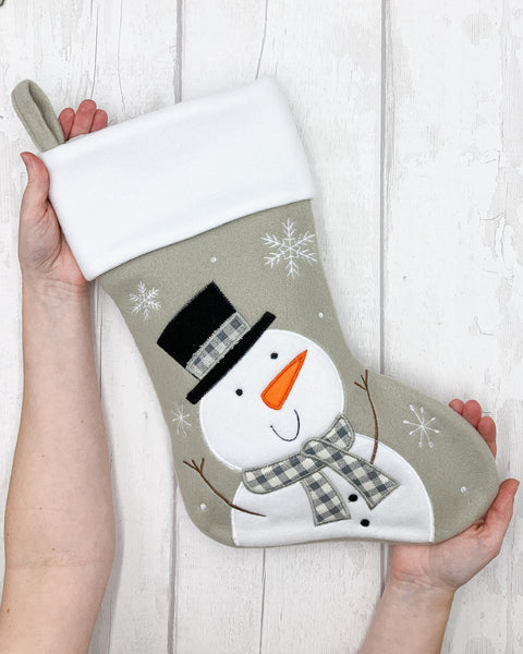 Personalised grey snowman Christmas stocking