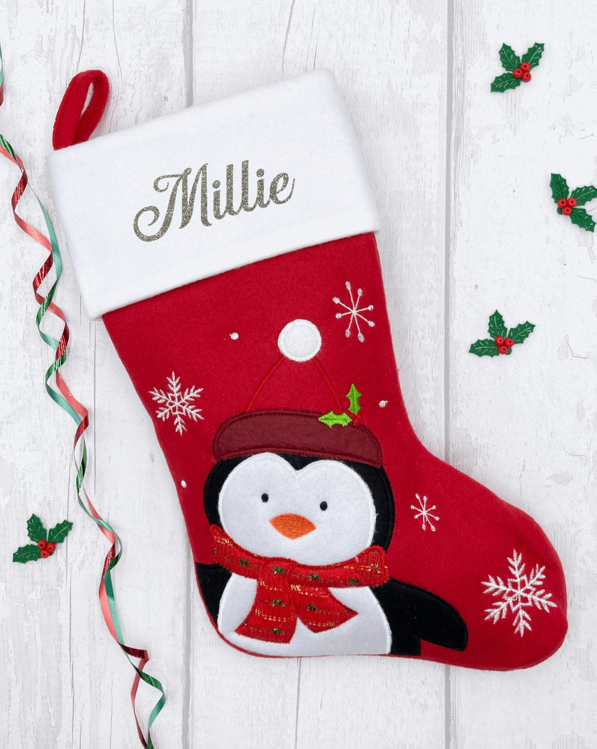 Personalised red penguin Christmas stocking