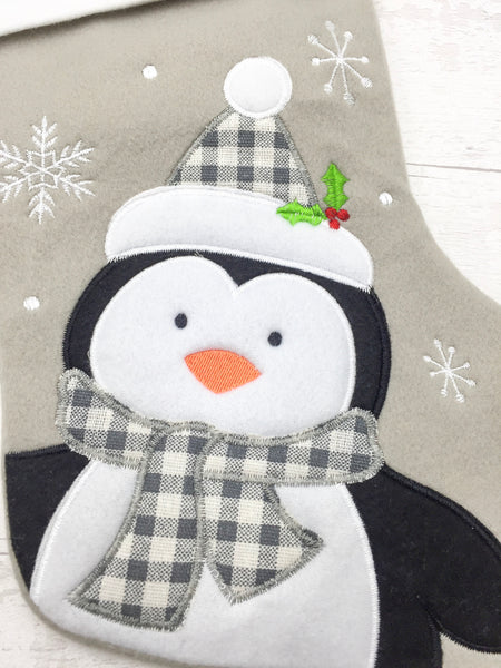 Personalised grey penguin Christmas stocking