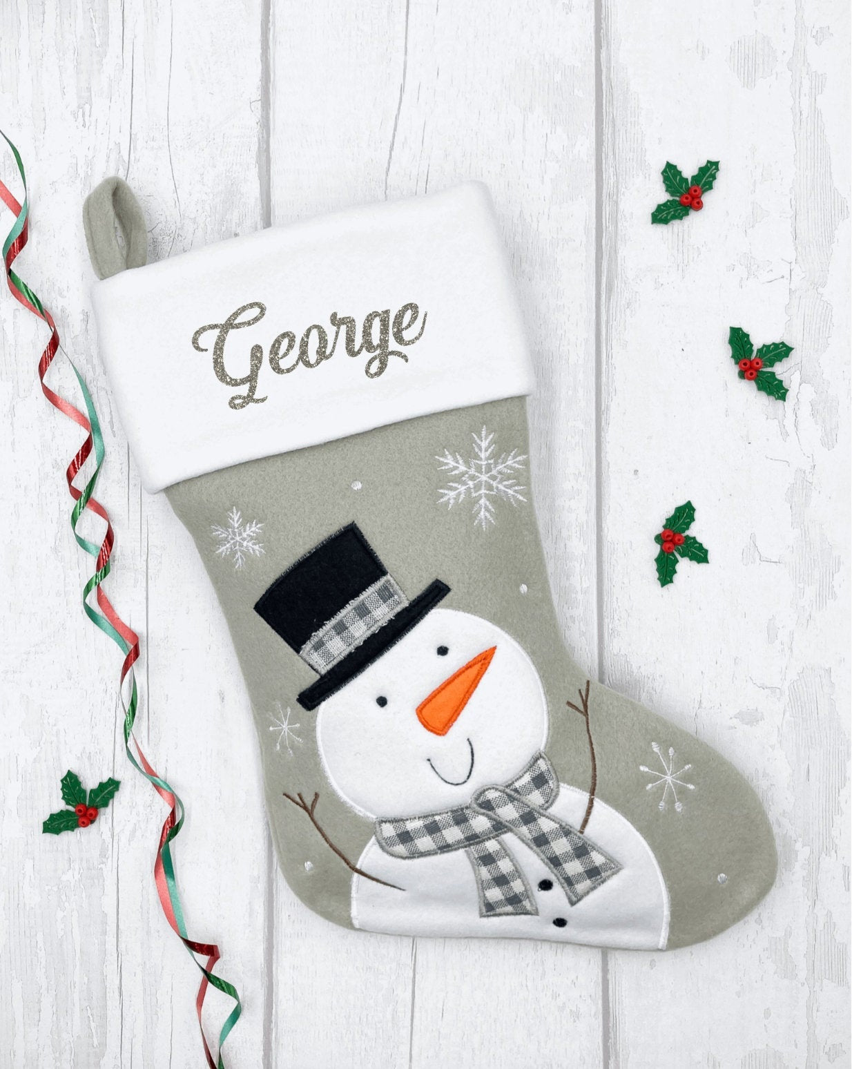 Personalised grey snowman Christmas stocking