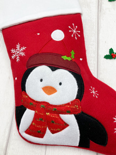 Personalised red penguin Christmas stocking