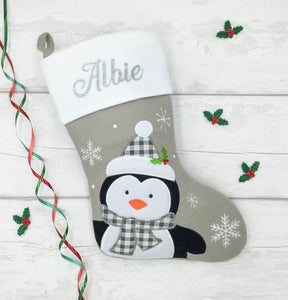 Personalised grey penguin Christmas stocking